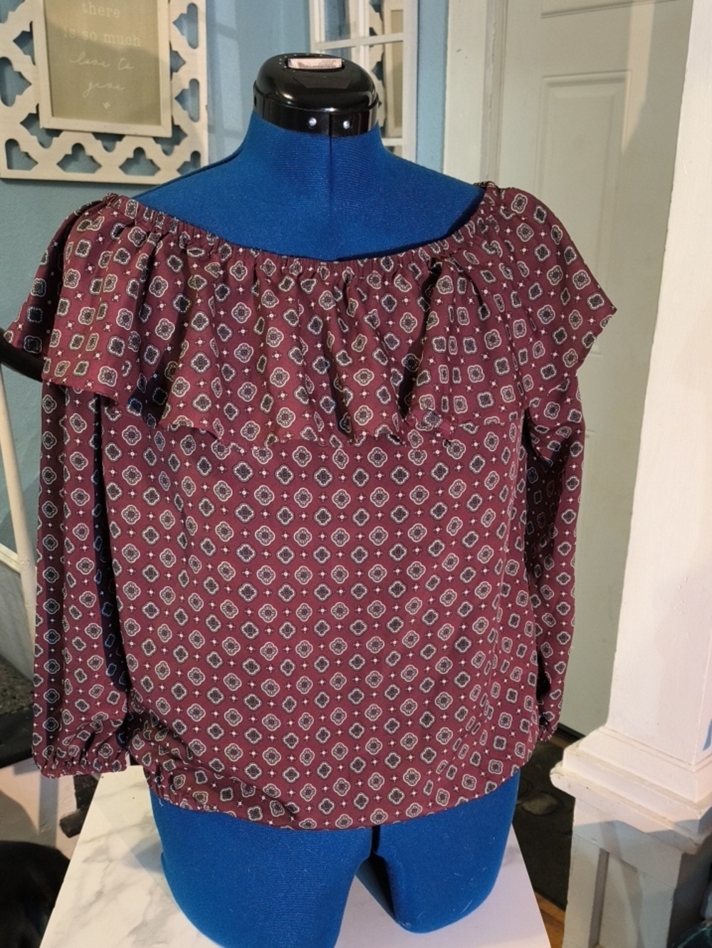Michael Michael Kors Burgundy Off-Shoulder Ruffle Blouse